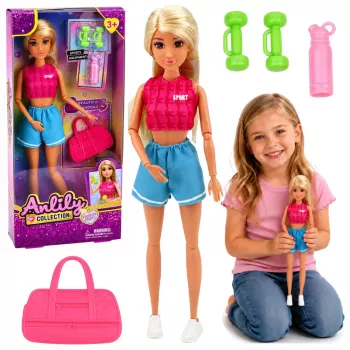 LEAN TOYS Anlily lėlė sportiniame kostiumėlyje su hanteliais, vandens buteliuku, krepšiu, aksesuarų rinkiniu