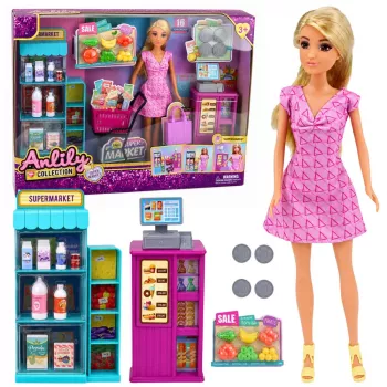 LEAN TOYS Anlily Lėlė su Prekybos Centro Kasos Priedais ir Vežimėliu