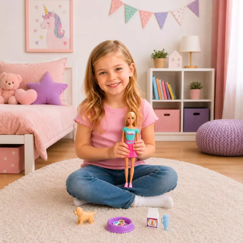 LEAN TOYS Anlily lėlė su šuniuku ir aksesuarais lovelės komplektas