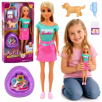 LEAN TOYS Anlily lėlė su šuniuku ir aksesuarais lovelės komplektas