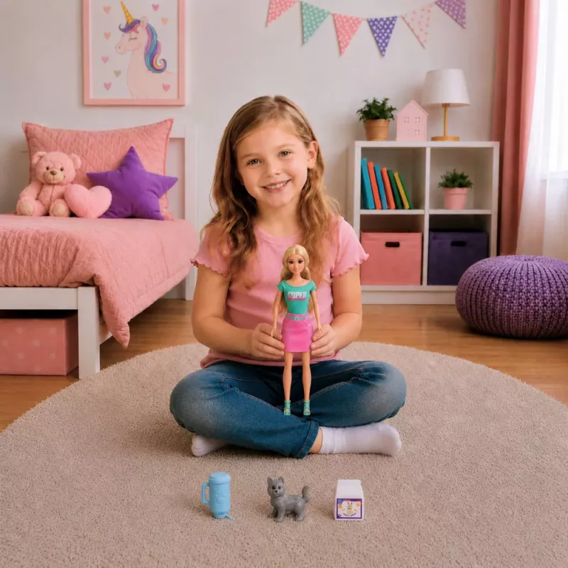 LEAN TOYS Anlily lėlė su augintinio nešikliu kačiuku pilka aksesuarų rinkinys