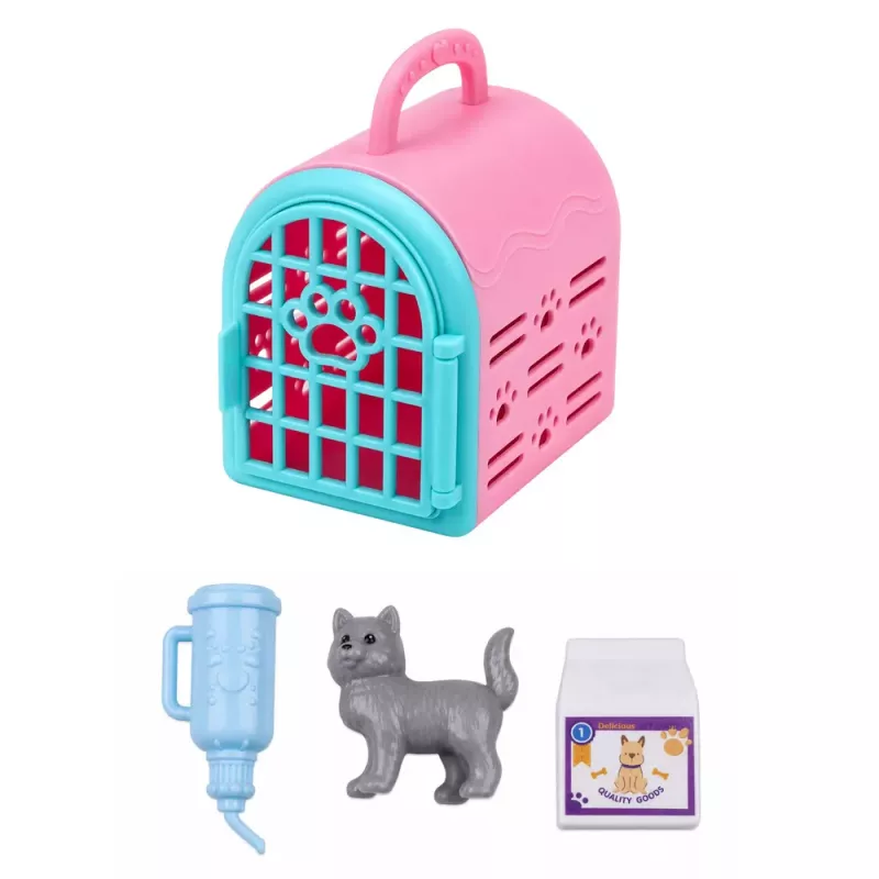 LEAN TOYS Anlily lėlė su augintinio nešikliu kačiuku pilka aksesuarų rinkinys