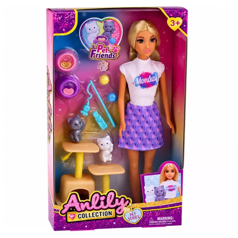 LEAN TOYS Anlily Lėlė su Kačiukais, Draskymo Stulpu, Kačių Aksesuarais, Dubenėliais ir Žaislais