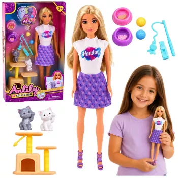 LEAN TOYS Anlily Lėlė su Kačiukais, Draskymo Stulpu, Kačių Aksesuarais, Dubenėliais ir Žaislais