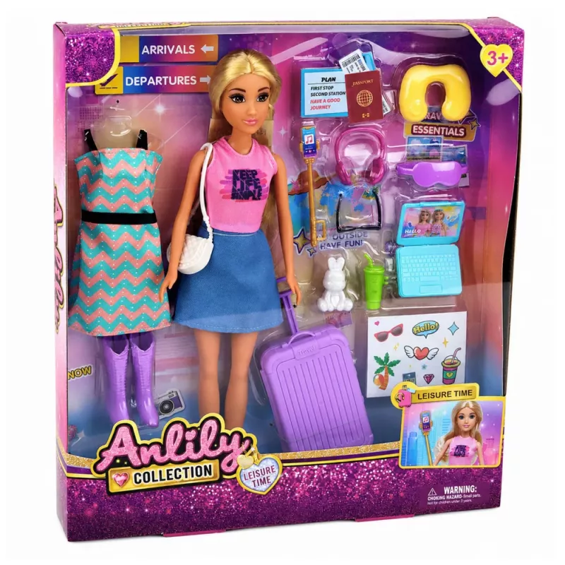 LEAN TOYS Anlily Traveler Doll with Suitcase Travel Pillow Laptop Accessories