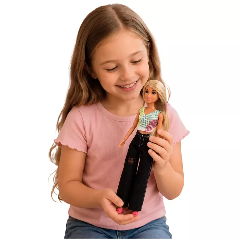 LEAN TOYS Anlily mados lėlė su tamsiais džinsais, spalvinga viršutine dalimi, šviesiais plaukais