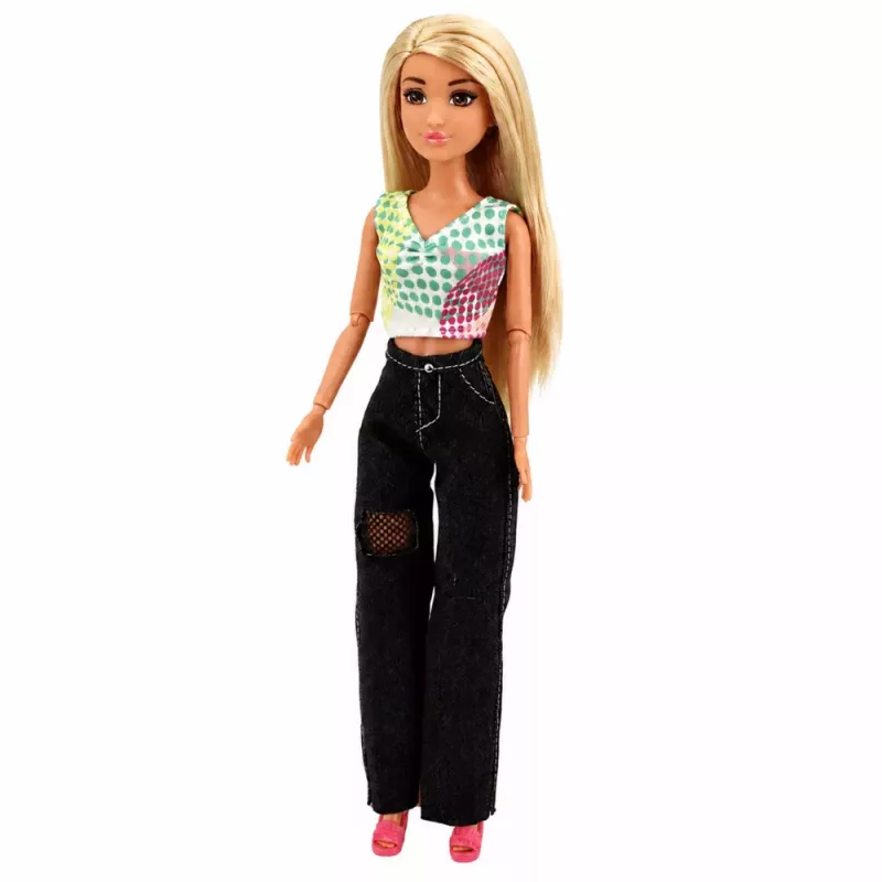LEAN TOYS Anlily mados lėlė su tamsiais džinsais, spalvinga viršutine dalimi, šviesiais plaukais