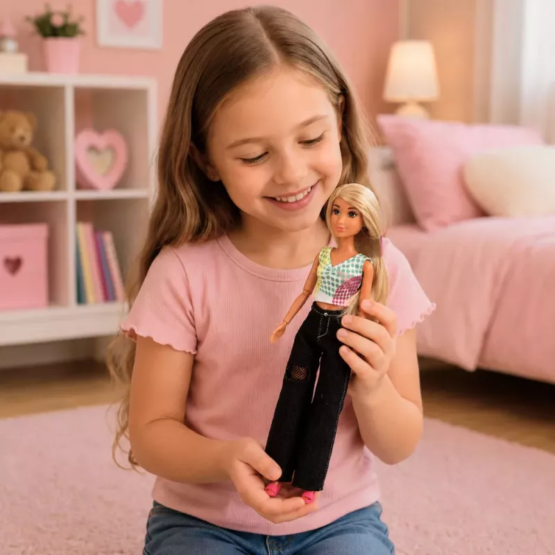 LEAN TOYS Anlily mados lėlė su tamsiais džinsais, spalvinga viršutine dalimi, šviesiais plaukais