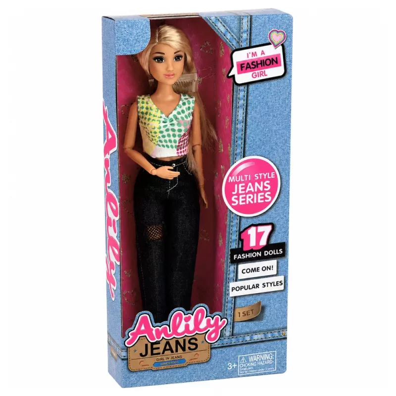 LEAN TOYS Anlily mados lėlė su tamsiais džinsais, spalvinga viršutine dalimi, šviesiais plaukais