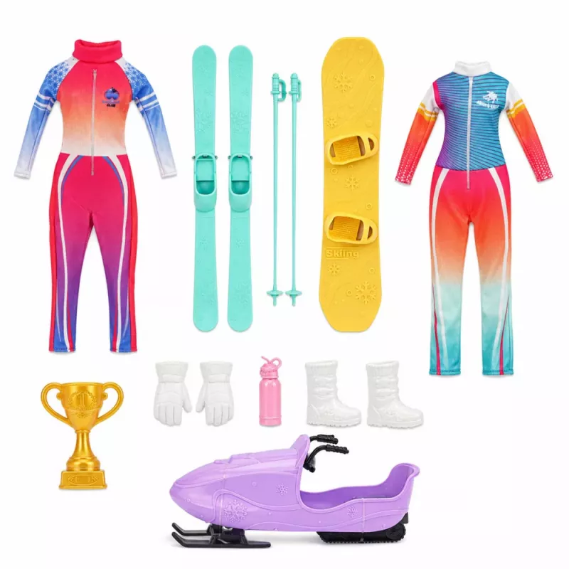 LEAN TOYS Anlily Lėlės Žiemos Sporto Rinkinys: Slidės, Snieglentė, Sniego Motociklas, Drabužiai
