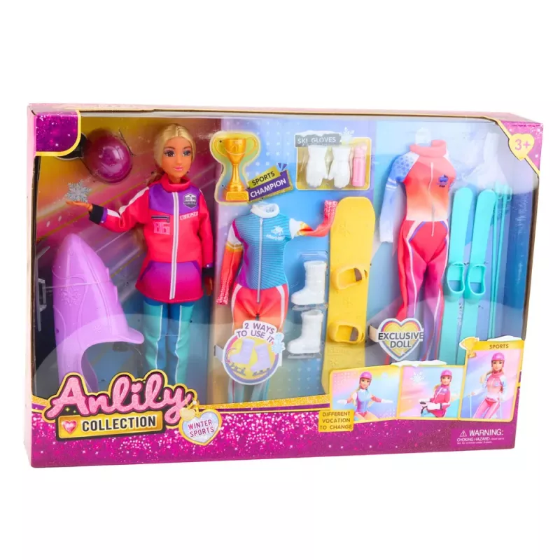 LEAN TOYS Anlily Lėlės Žiemos Sporto Rinkinys: Slidės, Snieglentė, Sniego Motociklas, Drabužiai