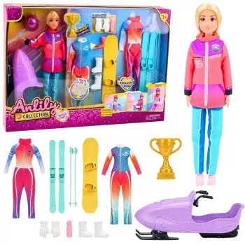 LEAN TOYS Anlily Lėlės Žiemos Sporto Rinkinys: Slidės, Snieglentė, Sniego Motociklas, Drabužiai