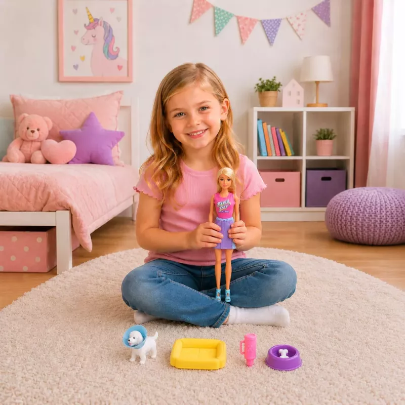 LEAN TOYS Anlily lėlė su baltu šunimi antkaklyje, lova ir aksesuarų rinkiniu