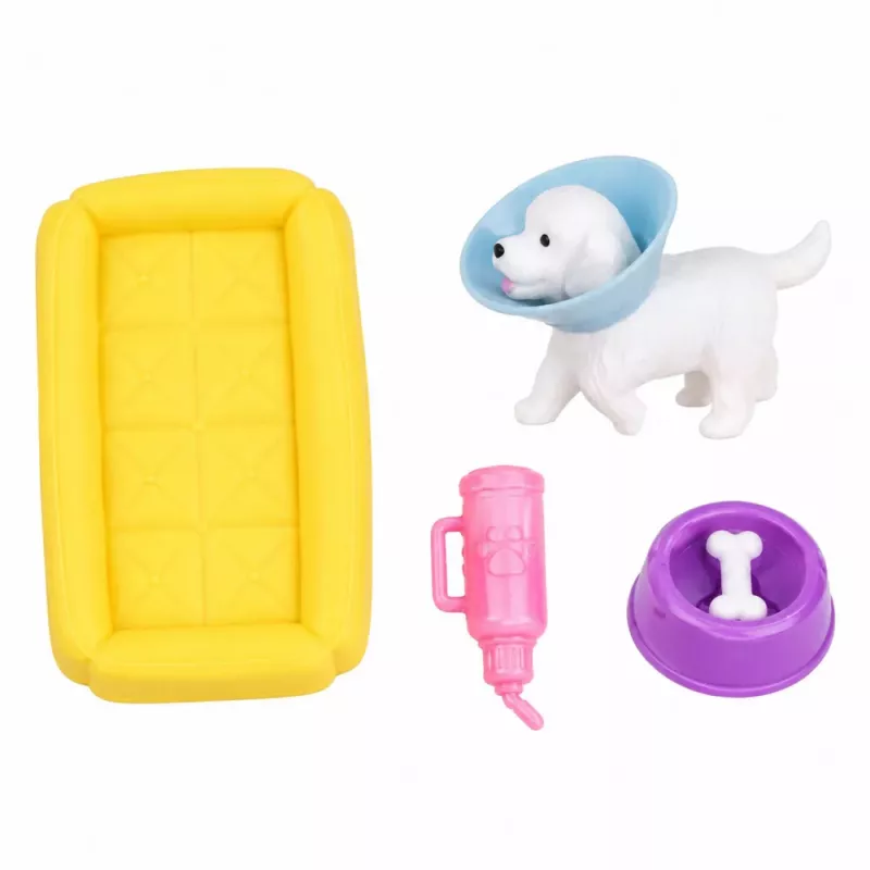 LEAN TOYS Anlily lėlė su baltu šunimi antkaklyje, lova ir aksesuarų rinkiniu