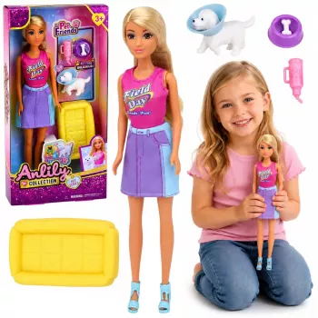LEAN TOYS Anlily lėlė su baltu šunimi antkaklyje, lova ir aksesuarų rinkiniu