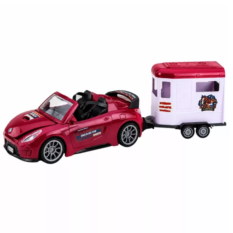 LEAN TOYS Burgundinis kabrioletas su arklių priekaba, atidaromos durys, rinkinys 1:24 liejimas