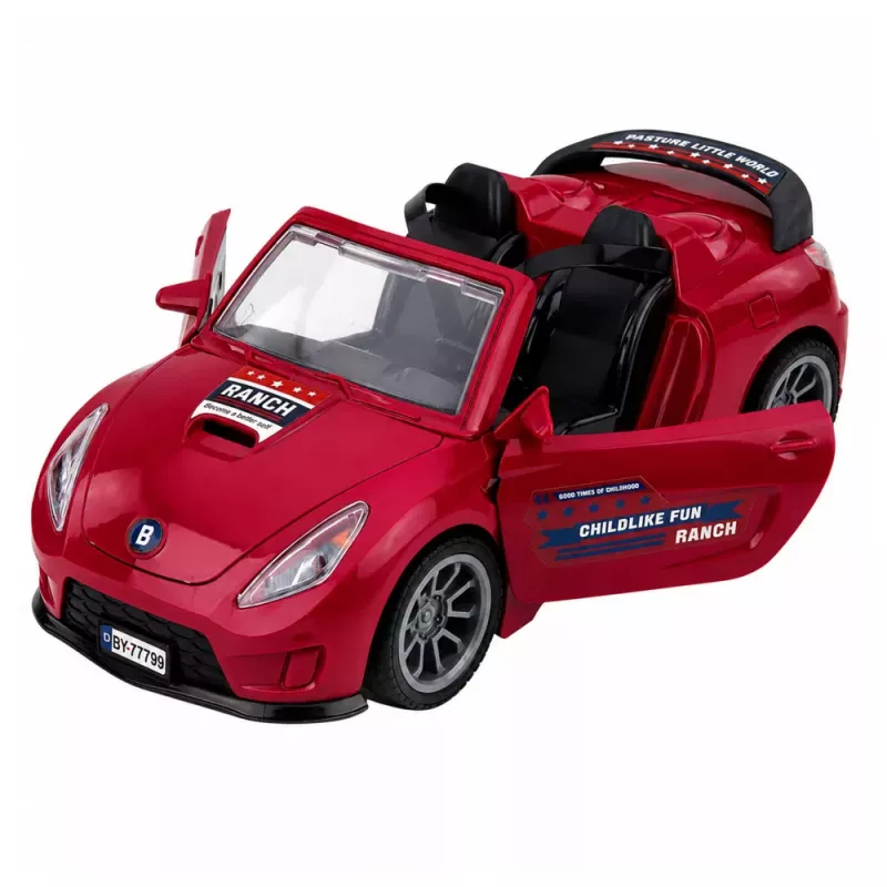 LEAN TOYS Burgundinis kabrioletas su arklių priekaba, atidaromos durys, rinkinys 1:24 liejimas