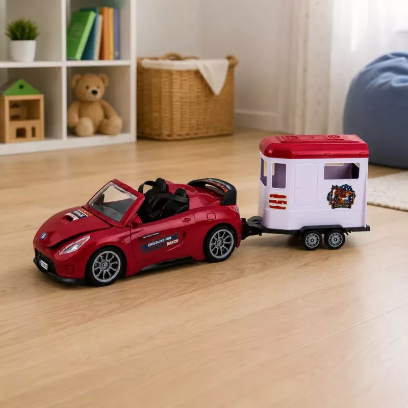 LEAN TOYS Burgundinis kabrioletas su arklių priekaba, atidaromos durys, rinkinys 1:24 liejimas