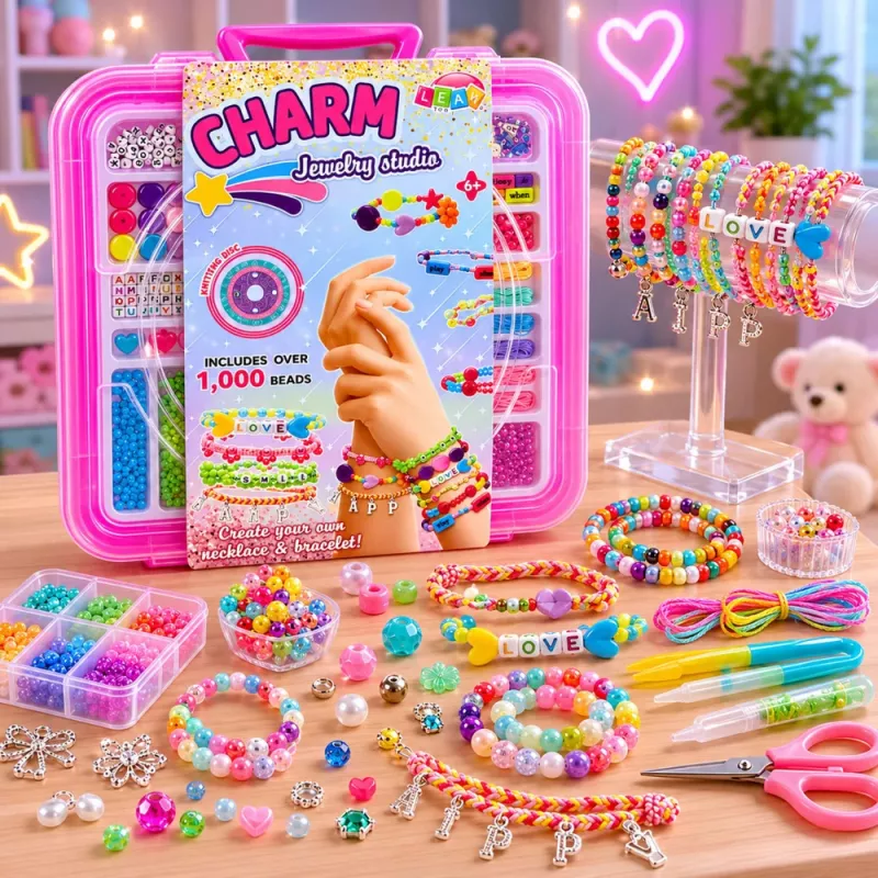 LEAN TOYS Rinkinys papuošalų gamybai dėkle - 1000 vienetų karoliukų, pakabukų, raidžių
