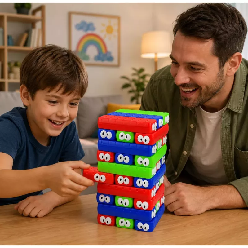 LEAN TOYS Įgūdžių žaidimas „Blokų bokštas“ su akutėmis kauliuku, spalvingas, 30 vnt.