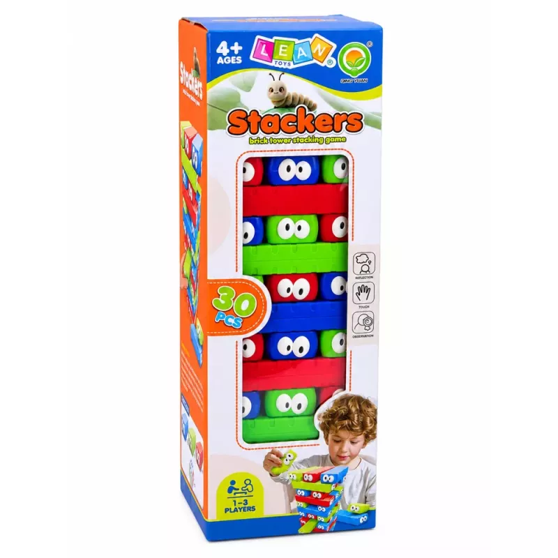 LEAN TOYS Įgūdžių žaidimas „Blokų bokštas“ su akutėmis kauliuku, spalvingas, 30 vnt.