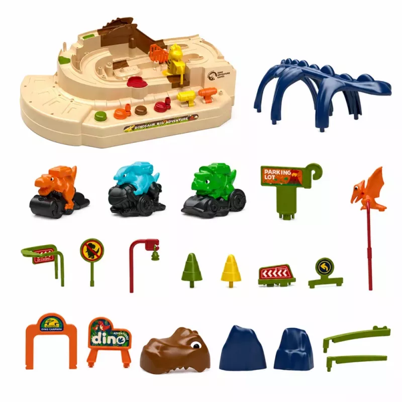 LEAN TOYS Interaktyvus rankinis arkadinis takelis su dinozaurais 8 iššūkiai transporto priemonės