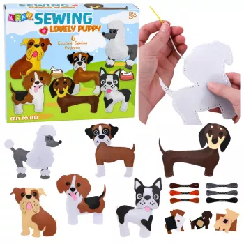 LEAN TOYS Kūrybinis minkštų žaislų siuvimo rinkinys: veltiniai pliušiniai šuniukai „pasidaryk pats“ 6 vnt.