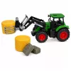 LEAN TOYS Žemės ūkio rinkinys: Traktorius su šieno griebtuvu, priekaba ir šieno ritiniais 1:24