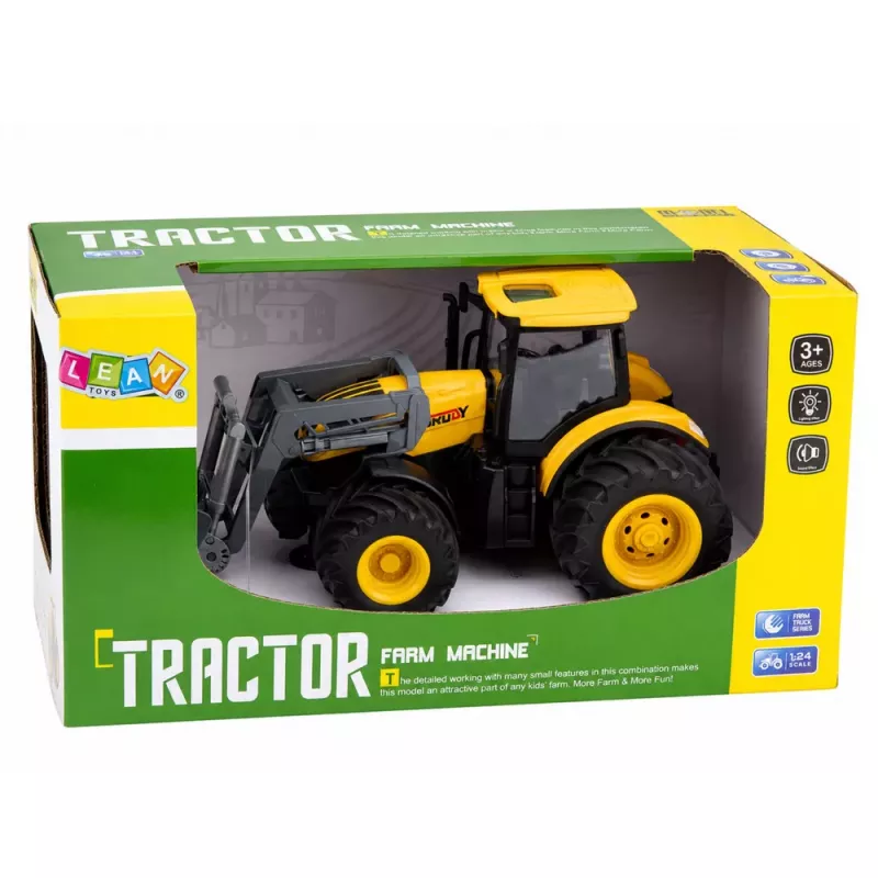 LEAN TOYS Žemės ūkio traktorius su buldozeriu, šviesomis, garsais, geltonas, 1:24