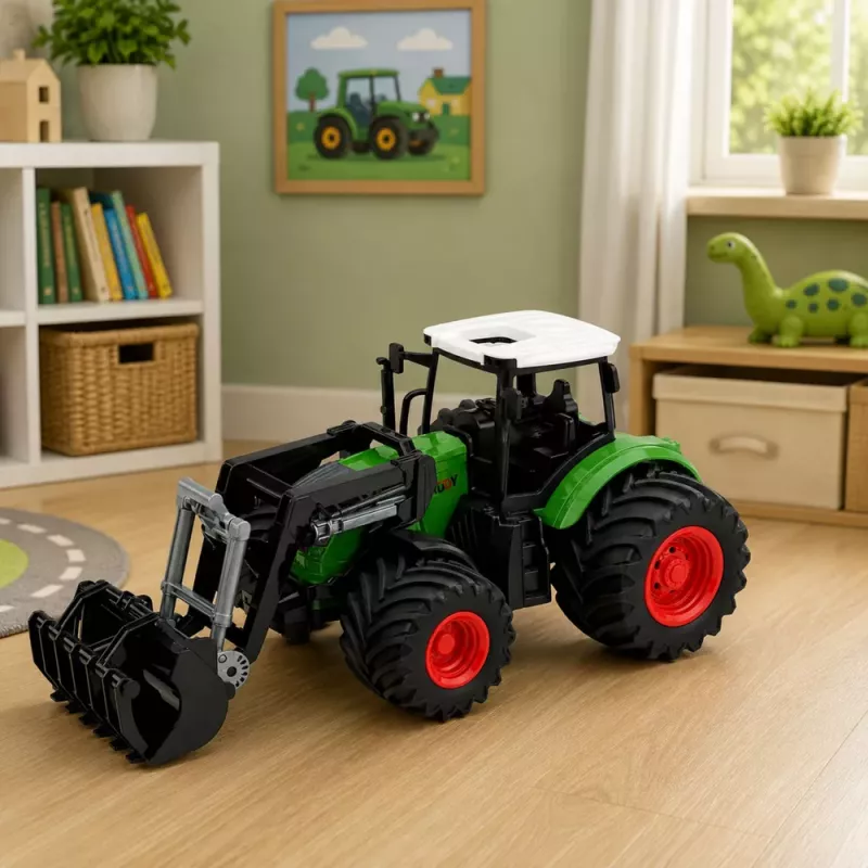 LEAN TOYS Žemės ūkio traktorius su priekiniu krautuvu, guminiais ratais, žalias, 1:24