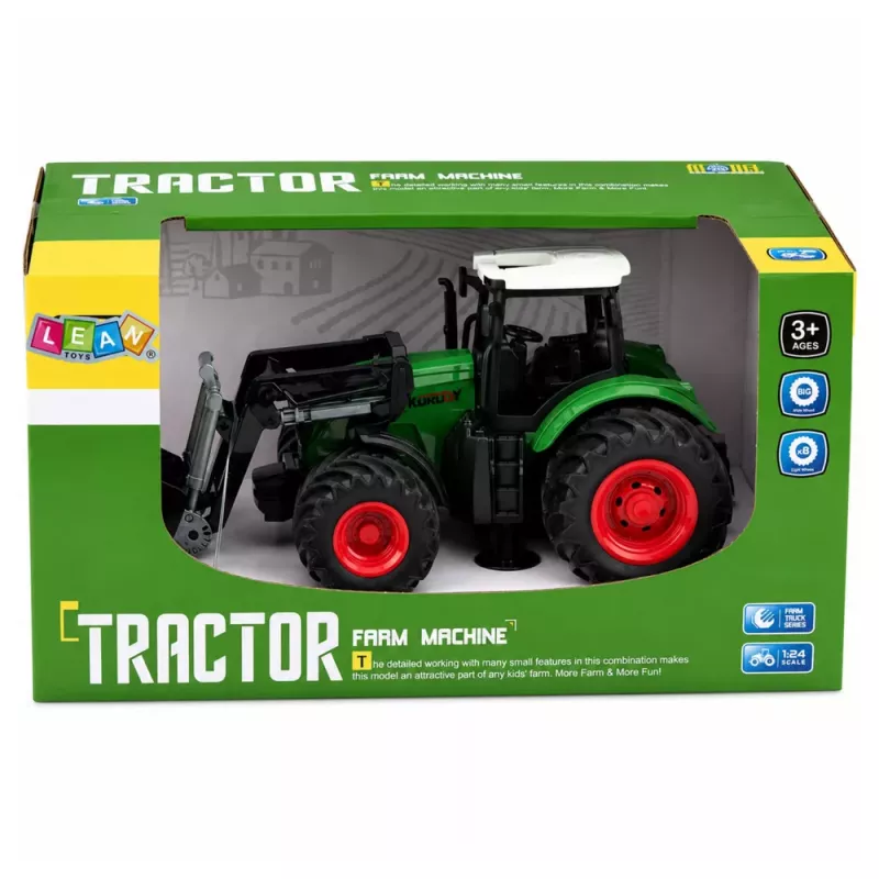 LEAN TOYS Žemės ūkio traktorius su priekiniu krautuvu, guminiais ratais, žalias, 1:24