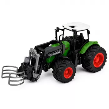 LEAN TOYS Žemės ūkio traktorius su šieno ryšulių griebtuvu, guminiais ratais, žalias, 1:24