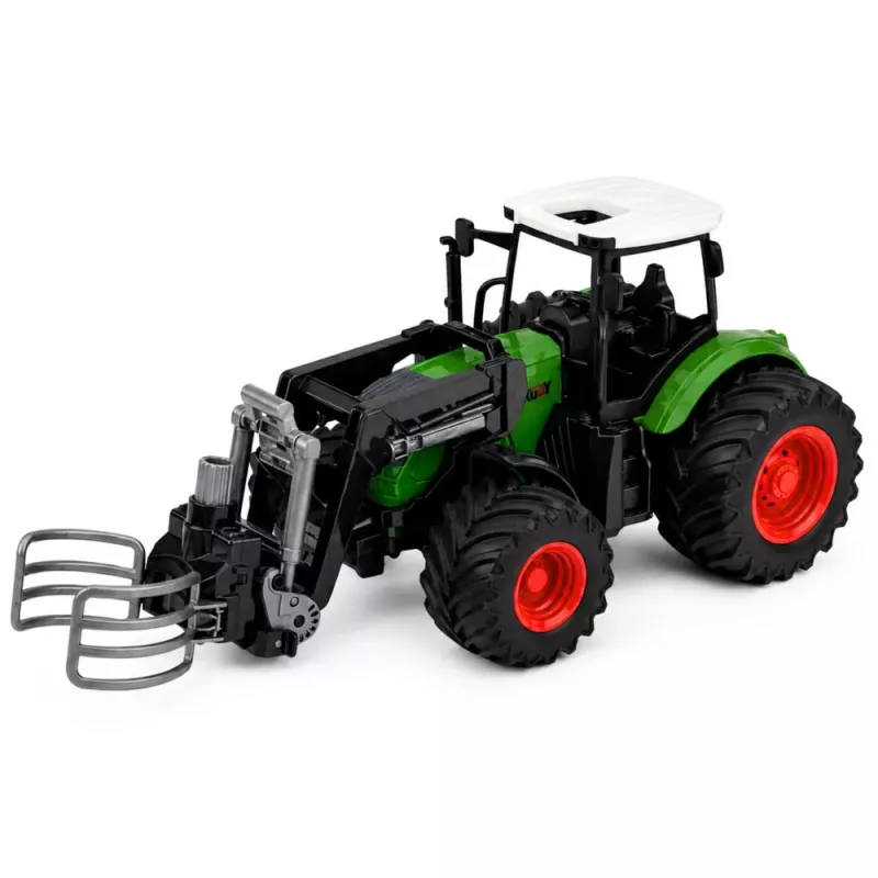 LEAN TOYS Žemės ūkio traktorius su šieno ryšulių griebtuvu, guminiais ratais, žalias, 1:24