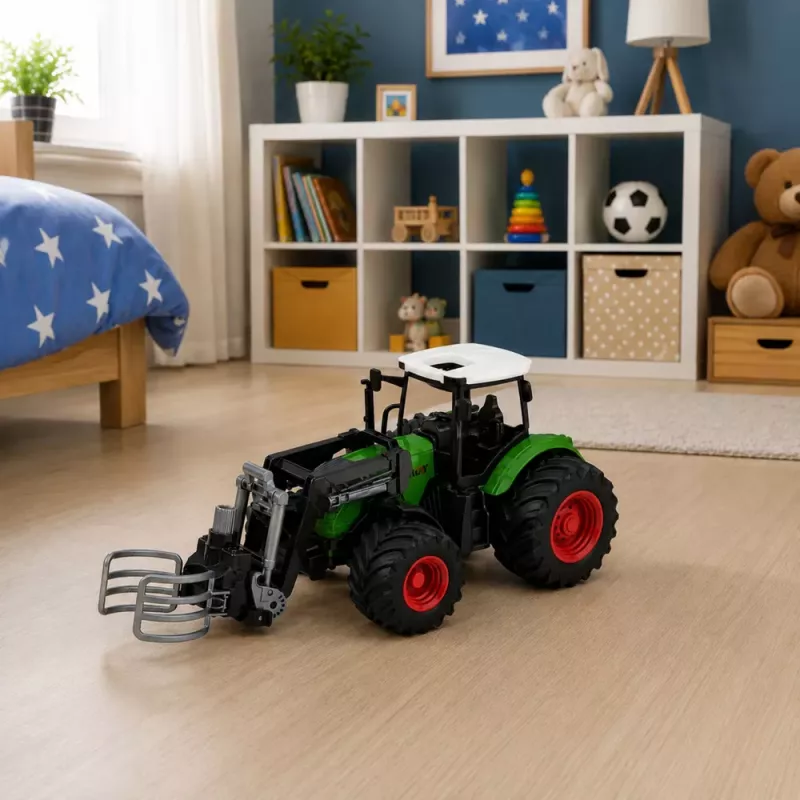 LEAN TOYS Žemės ūkio traktorius su šieno ryšulių griebtuvu, guminiais ratais, žalias, 1:24