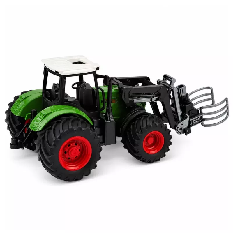 LEAN TOYS Žemės ūkio traktorius su šieno ryšulių griebtuvu, guminiais ratais, žalias, 1:24