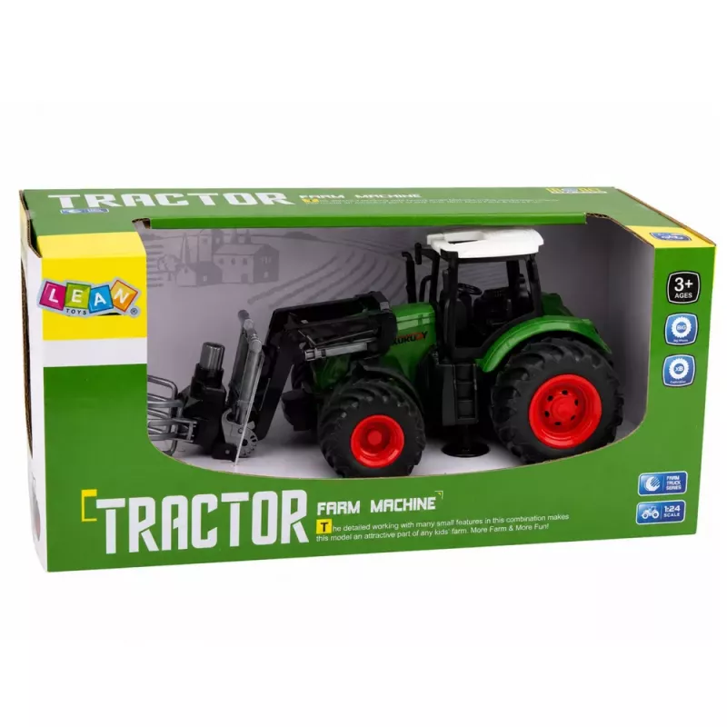 LEAN TOYS Žemės ūkio traktorius su šieno ryšulių griebtuvu, guminiais ratais, žalias, 1:24