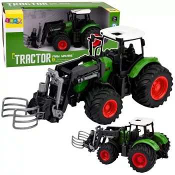 LEAN TOYS Žemės ūkio traktorius su šieno ryšulių griebtuvu, guminiais ratais, žalias, 1:24