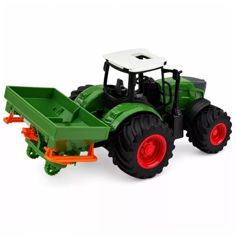 LEAN TOYS Žemės ūkio traktorius su sėjamąja, guminiai ratai, 1:24 mastelio žaislinė transporto priemonė