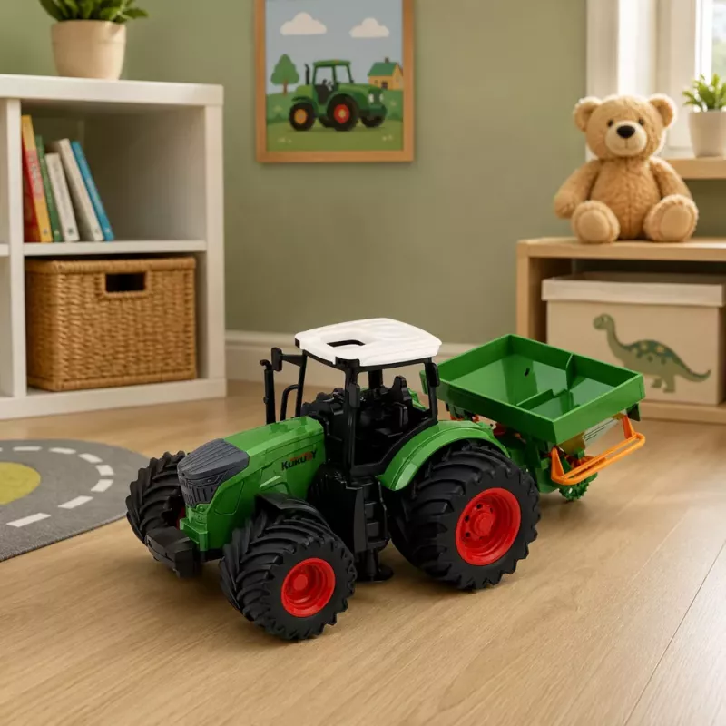 LEAN TOYS Žemės ūkio traktorius su sėjamąja, guminiai ratai, 1:24 mastelio žaislinė transporto priemonė