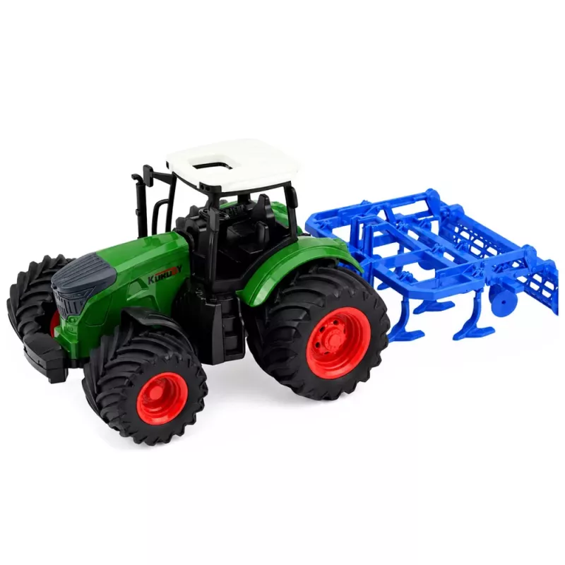 LEAN TOYS Žemės ūkio traktorius su kultivatoriumi ir žemės dirbimo įrenginiu, žalias, 1:24