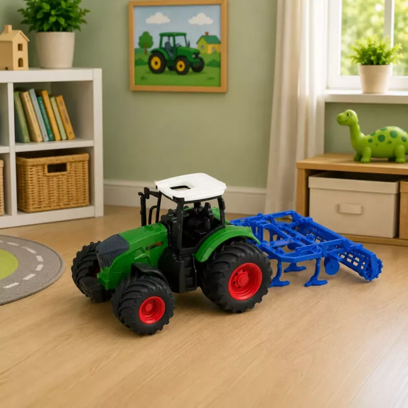 LEAN TOYS Žemės ūkio traktorius su kultivatoriumi ir žemės dirbimo įrenginiu, žalias, 1:24