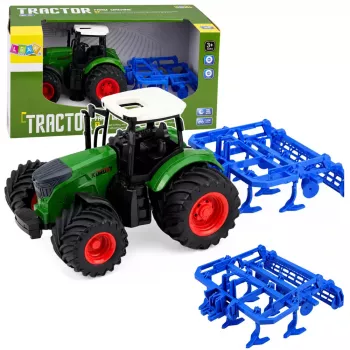 LEAN TOYS Žemės ūkio traktorius su kultivatoriumi ir žemės dirbimo įrenginiu, žalias, 1:24