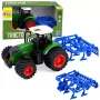 LEAN TOYS Žemės ūkio traktorius su kultivatoriumi ir žemės dirbimo įrenginiu, žalias, 1:24
