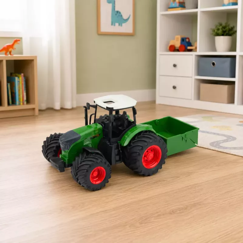 LEAN TOYS Žemės ūkio traktorius su trąšų barstytuvu, guminiais ratais, žalias, 1:24