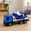 LEAN TOYS Policijos vilkikas su patruliniu automobiliu, žibintai, garsai, mėlyna