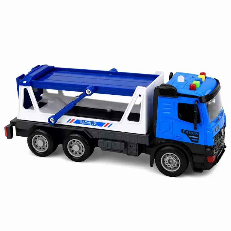 LEAN TOYS Policijos vilkikas su patruliniu automobiliu, žibintai, garsai, mėlyna