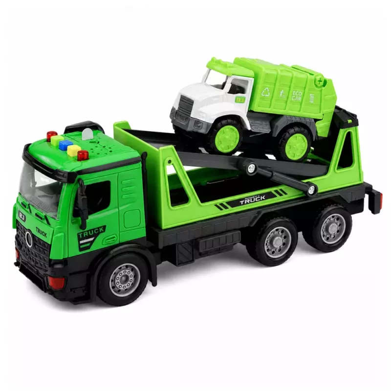 LEAN TOYS Vilktuvas ir šiukšliavežė automobilių rinkinys su šviesomis ir garsais, žalias