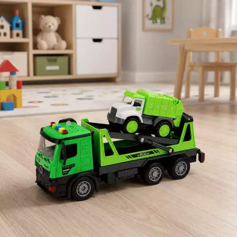 LEAN TOYS Vilktuvas ir šiukšliavežė automobilių rinkinys su šviesomis ir garsais, žalias