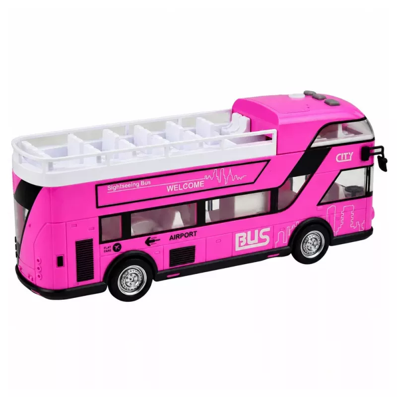 LEAN TOYS Dviaukštis miesto autobusas su atsidarančiomis durimis, šviesomis ir garsais, rožinis