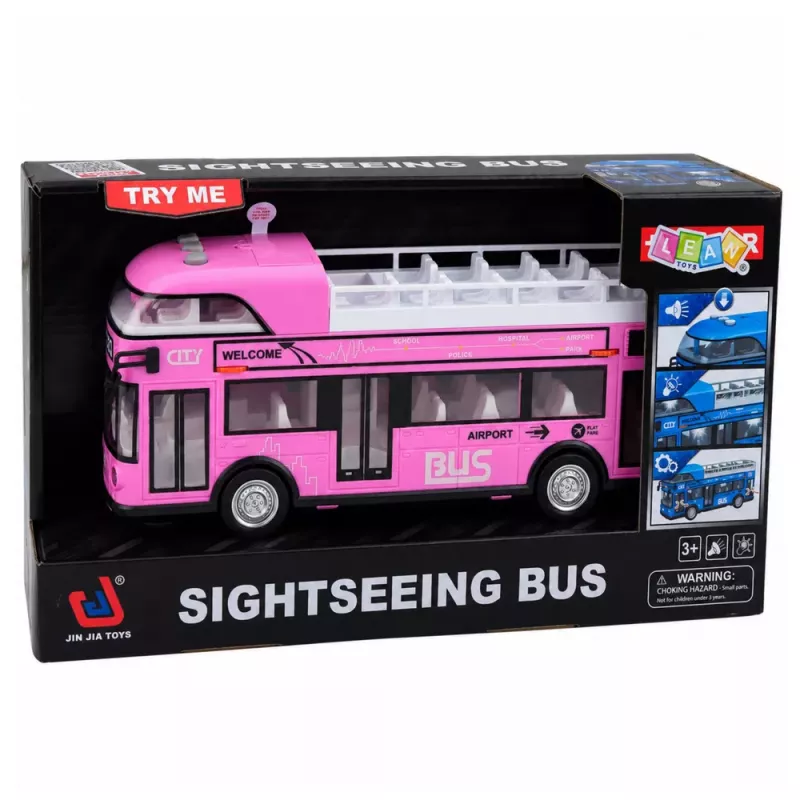 LEAN TOYS Dviaukštis miesto autobusas su atsidarančiomis durimis, šviesomis ir garsais, rožinis
